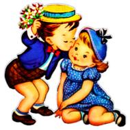 illustration of vintage children boy kisses girl