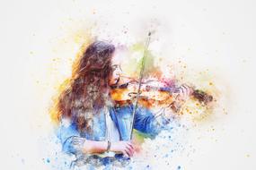Beautiful and colorful drawing of a girl, playing violin, among the colorful paint splatter, at white background