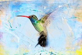 watercolor, colorful hummingbird, close-up