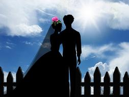 silhouette of the bride and groom near the fence against the blue sky as an illustration