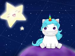 Beautiful, colorful and cute unicorn on the purple planet, among the smiling stars, in the blue space