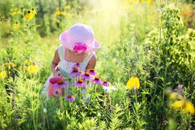 Little girl in pink hat and white dress, near the beautiful and colorful wildflowers