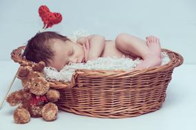 baby sleeps in a wicker basket on a white background