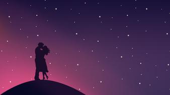 kissing couple in love on a hill against the background of the starry sky