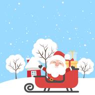 cartoon santa sits in sleigh with gifte at snowy house, christmas drawing