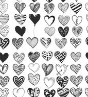 hearts, seamless pattern, black white drawing