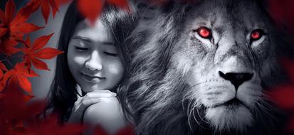 Beautiful, black and white portrait with the smiling girl and lion with red eyes, among the red leaves