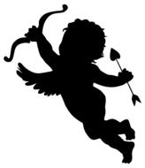 black silhouette of a flying cupid on a white background