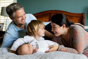 Family with kids lying on the bed