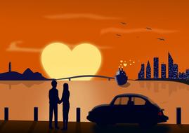 clipart of silhouette of couple in love at coastal city