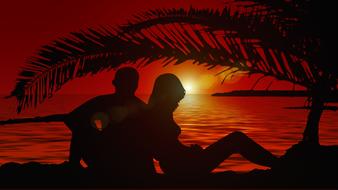 Silhouette of a pair near the palm on the beautiful landscape with the colorful sunset on horizon above the water