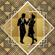 Silhouette of the roaring twenties couple, among the beautiful, gold, black and white patterns, on clipart