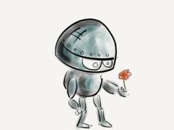 cartoon robot with red flower