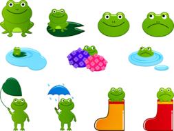 cartoon frogs on rainy season with the decorations, drawing