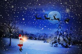 girl looks at Santa Claus sleigh in the night sky, digital art