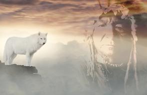 mystical image of a white wolf and silhouette of an indian