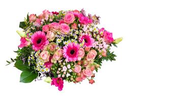 Colorful and beautiful bouquet with flowers and green leaves, at white background