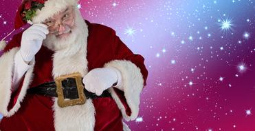 a man dressed as Santa Claus on a background of stars