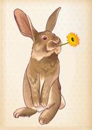 hare with yellow flower in mouth, vintage easter drawing