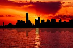 Skyline of New York City at sunset, digital art