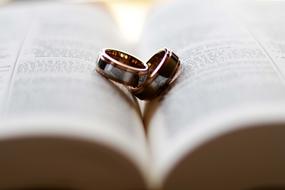 gold wedding rings on open bible