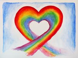 Beautiful watercolor painting of the heart rainbow, among the white clouds, at blue sky