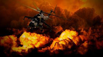 military helicopter on the disaster background