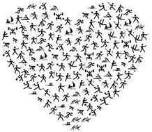 Beautiful heart with black figures of athletes at white background