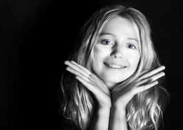 pretty Happy long haired child girl, black and white portrait