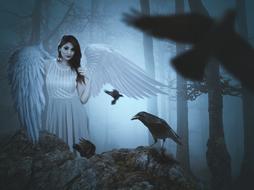 winged girl and Crows in forest, digital art