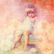 Beautiful and colorful, vintage drawing of the angel, sitting, among the colorful and beautiful clouds, clipart