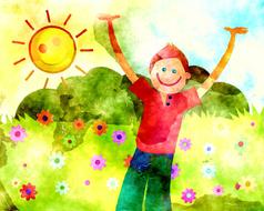 child's drawing of a boy with hands up in the meadow