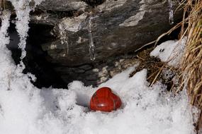 Beautiful, red heart in white snow, near the yellow grass and rocks, in winter