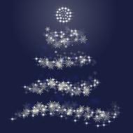 Beautiful, white stars and decoration in shape of the Christmas tree, at blue background