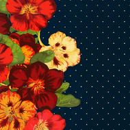 painted bright flowers on a background of small polka dots