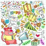Colorful and beautiful New Year doodle with the decorations, on the paper