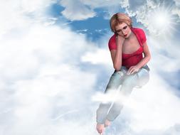 sad girl sits on cloud in sky, digital art