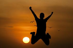 young boy in Jump at setting sun, digital art