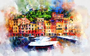 watercolor painting, boats on water at colorful houses