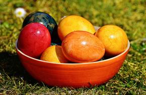Easter eggs in an orange bowl