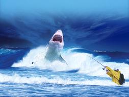 Fantastic image of a fisherman and shark in the ocean