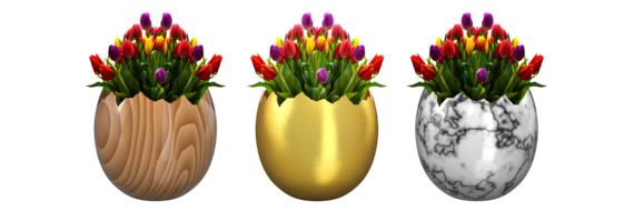 three bouquets of tulips in easter eggs