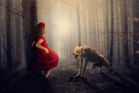 girl in Red dress and Wolf in dark Forest, digital art