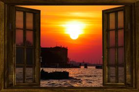 Sunset in venice through open lattice window, digital art