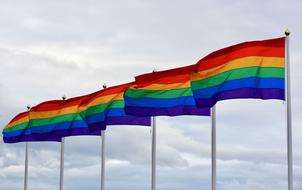 Pride Day, row of Rainbow colors flags at grey clouds