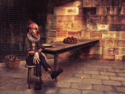 photo of a sad clown on a table in a dark room