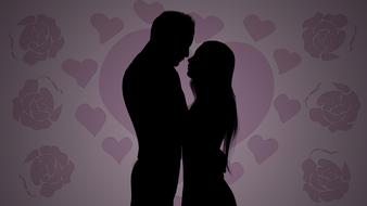 silhouette of a couple in love on a background of romantic wallpaper with the flowers and hearts