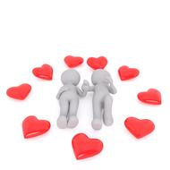 couple in love laying on backs surrounded with hearts, 3d render