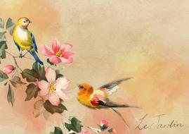 colorful birds on blooming branch, vintage background