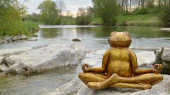 golden frog sculpture by the river